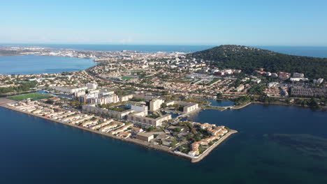 Large-aerial-view-of-Sete-ile-de-Thau-along-the-mediterranean-sea-France